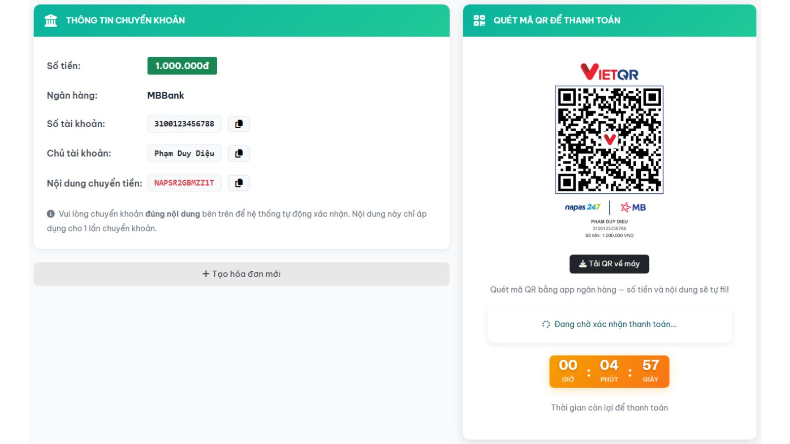 Th&ocirc;ng tin chuyển khoản v&agrave; m&atilde; QR thanh to&aacute;n