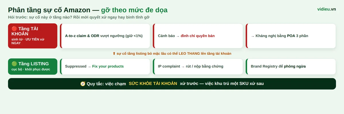Sơ đồ ph&acirc;n tầng sự cố Amazon từ tầng listing cục bộ tới tầng t&agrave;i khoản sinh tử v&agrave; hướng xử l&yacute;
