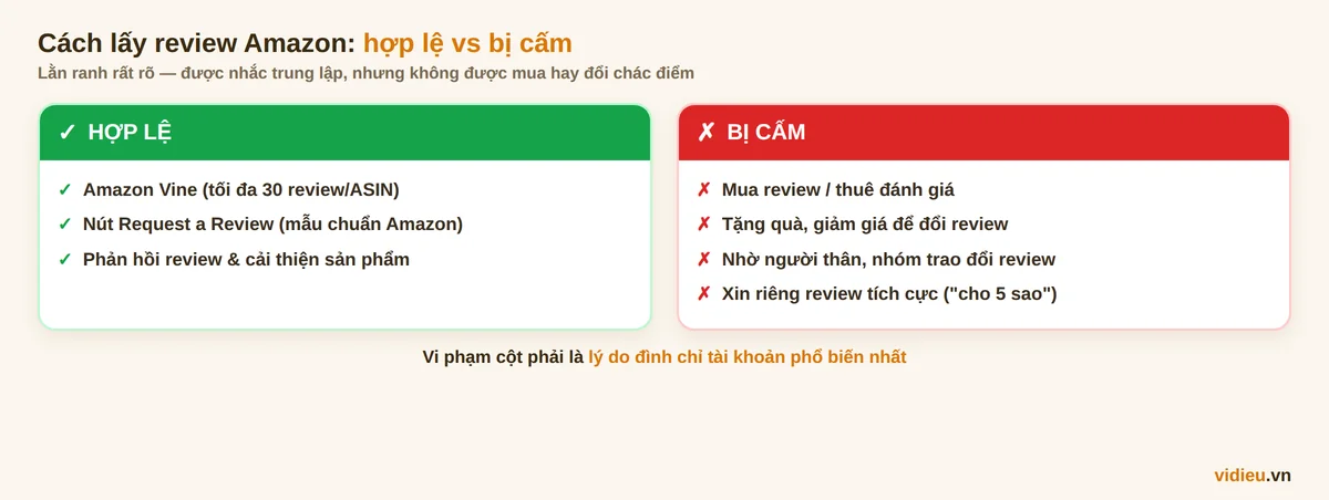So sánh cách lấy review Amazon hợp lệ (Vine, nút Request a Review, cải thiện sản phẩm) và những cách bị cấm (mua review, tặng quà đổi review, nhờ người thân, nhóm trao đổi, xin 5 sao)