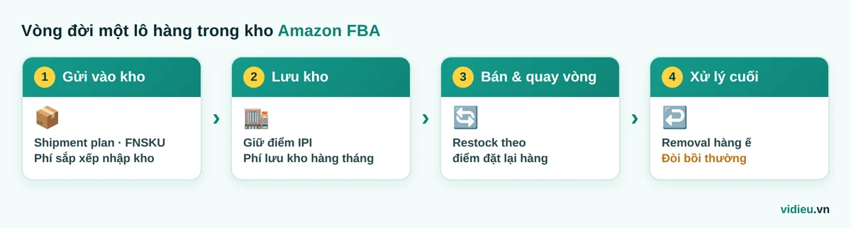 Vòng đời một lô hàng trong kho Amazon FBA: gửi vào kho, lưu kho, bán và quay vòng, removal hoặc đòi bồi thường