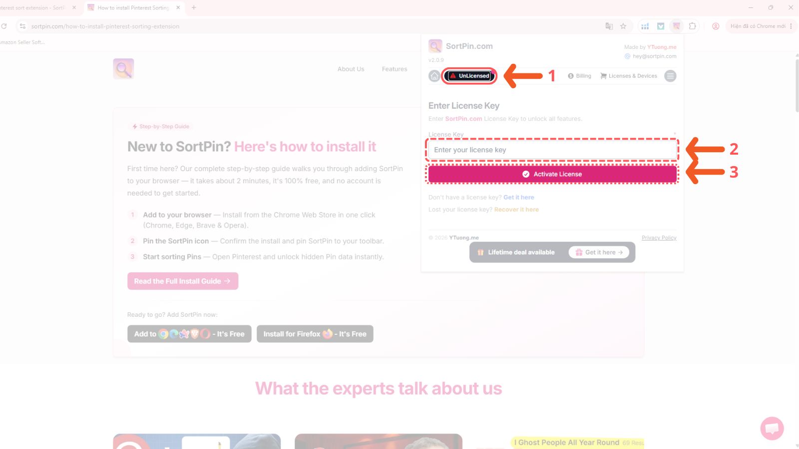 Th&ecirc;m License key SortPin v&agrave;o tiện &iacute;ch