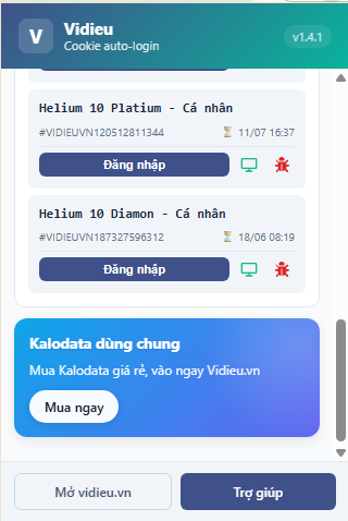 Danh sách đơn hàng trong tiện ích Vidieu